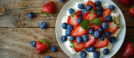 Wall Mural - A delightful, nutritious plate of strawberries, cream, and blueberries in a flat lay view, making it a vegan-friendly choice with copy space image.