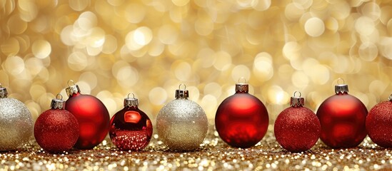 Poster - Red and silver Christmas ornaments showcased against a sparkling gold background with space for text, ideal for a copy space image.