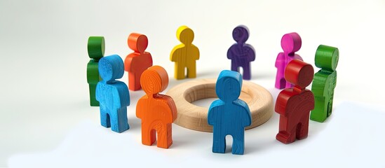 A meeting concept with generic figures in a circle discussing multiple topics, providing ample copy space image.