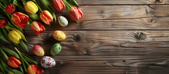 Wall Mural - Tulips and Easter eggs displayed on wooden planks with copy space image.