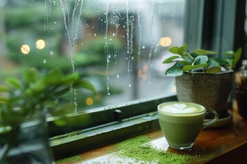 A matcha latte on a windowsill with a view of a rainy day outside, creating a cozy atmosphere.
