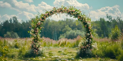 Wall Mural - Circular wedding arch decorated with flowers and greenery outdoors perfect for ceremonies. Concept Outdoor Weddings, Floral Decor, Circular Arch, Greenery, Ceremony Settings