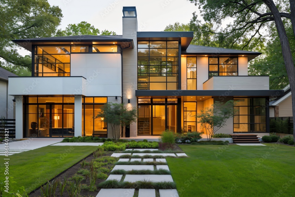 Contemporary white brick home exterior with large windows shining at ...