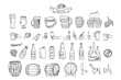 © Natalia - Big set of beer, glass of beer, mug with beer, barrel. Hands with a bottle of beer and a beer glass. Cheers. Alcoholic drinks. Great for bar menu design, packaging, pub. Hand drawn. Doodle style.
