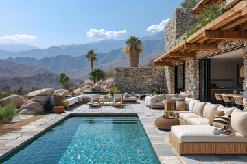 modern desert oasis with minimalist design, featuring an outdoor lounge area, earthy materials, ligh