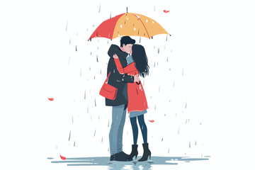 Wall Mural - couple under rain isolated vector style