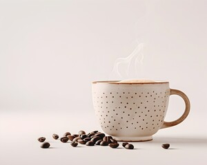 Poster - Steaming Classic Coffee Mug with Roasted Beans on White Background