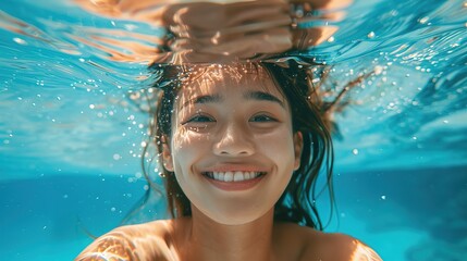 Wall Mural - Beautiful korean female swimmer swimming underwater with a smile on her face, enjoying water and having fun