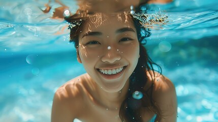 Wall Mural - Beautiful korean female swimmer swimming underwater with a smile on her face, enjoying water and having fun