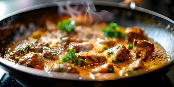 Closeup of beef stroganoff cooking in pan with steam and sizzle. Concept Food Photography, Cooking Moments, Delicious Dishes, Culinary Creations