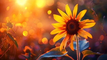 Poster - Vibrant Sunflower Glowing in Warm Sunset Light Over Serene Landscape