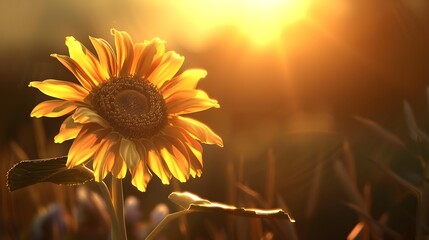 Poster - Sunflower Glowing in Warm Sunset Light Against Serene Landscape Backdrop