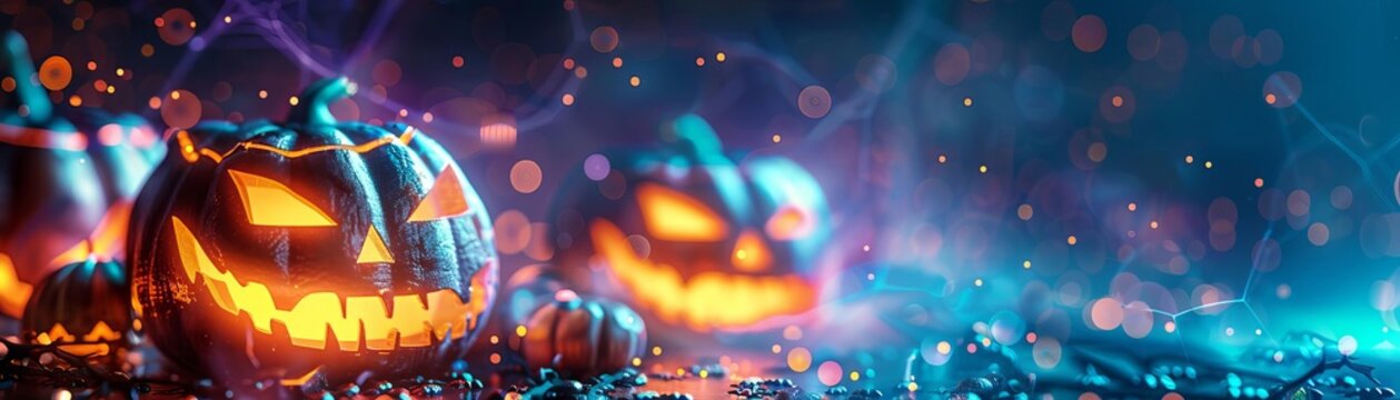 Spooky Halloween pumpkins with glowing faces on a mystical blue background, perfect for celebrating the holiday season.