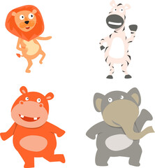 Poster - Set of Four Cartoon Animal Characters like as Lion, Zebra, Elephant and Hippopotamus on Png Background.