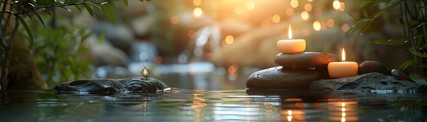 Sticker - Serene Spa Setting with Candles Stones and Fountain for Relaxation and Tranquility