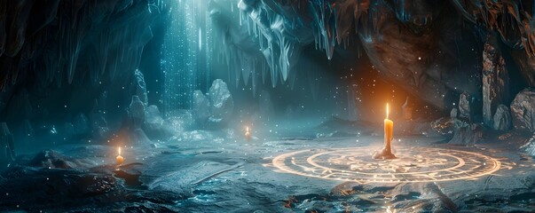 Canvas Print - Mystical Cave with Glowing Crystals and Illuminated Ancient Symbols