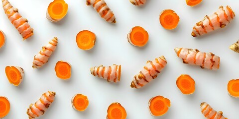 Poster - Vibrant Aerial View of Sliced Turmeric Roots on White Background. Concept Vibrant Turmeric, Sliced Roots, Aerial View, White Background, Fresh Ingredients