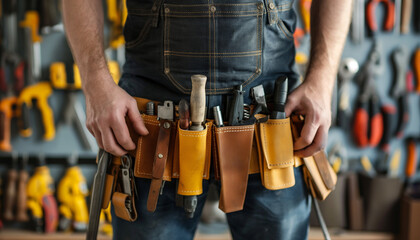 A close-up of a worker's tool belt filled with various tools showcasing the readiness and craftsmanship of a skilled tradesperson