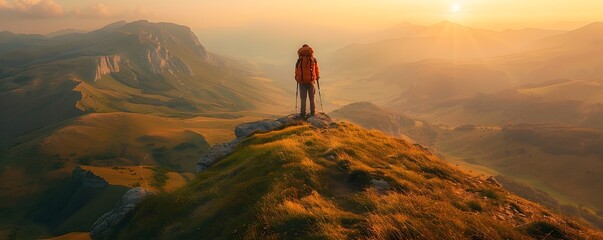 Canvas Print - Hiker Standing on a Ridge Overlooking Vast Golden Hills and Valleys in the Distance