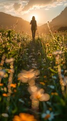 Wall Mural - Hiker s Silhouette in Dewy Meadow at Sunrise Capturing Hiking Adventure