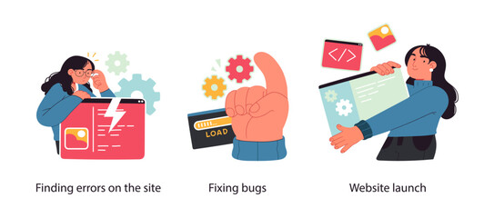 Wall Mural - fixing errors and bugs in software and quality control - set of business concept illustrations. visu