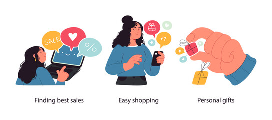 Online shopping and E-commerce concept set. Sales, loyalty program. Visual stories collection