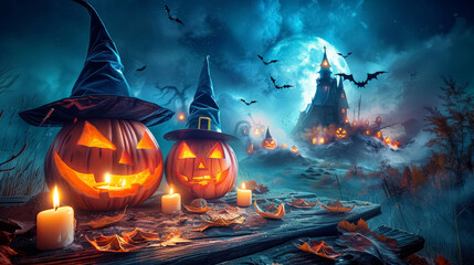Two jack o' lanterns in witch hats, burning candles on a mystery night, bats flying, moon shining bright, mystery castle on background. Halloween concept.
