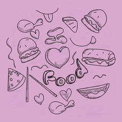 Poster - Doodle Style Healthy and Yummy Food Background in Fuchsia Pink Color.