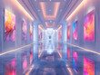 © wing - an art gallery with a long hallway museum featuring a row of hologram colorful paintings.