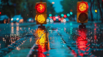 Fototapete - A traffic light reflected on a rainy road surface, with water droplets and colorful lights