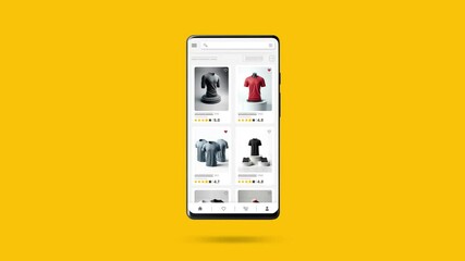 Wall Mural - Online marketplace application and website animation. E-commerce and shopping for clothes products. Marketing, commerce and t-shirt sales home page.