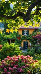 Wall Mural - Heart shaped decor on a house, symbolizing love and home, vibrant garden photography