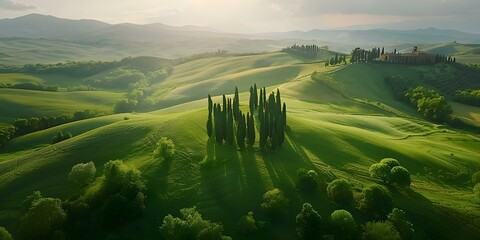 Wall Mural - Aerial View of Rolling Hills and Cypress Trees in Val d'Orcia, Tuscany. Concept Scenic Views, Landscape Photography, Travel Destinations, Tuscany Countryside, Aerial Photography