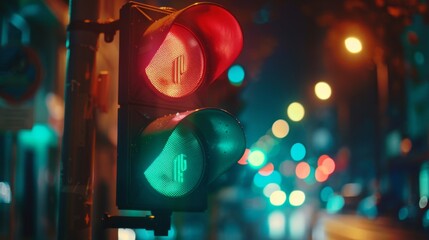 Poster - Close-up of a traffic light changing from red to green, captured during a transition