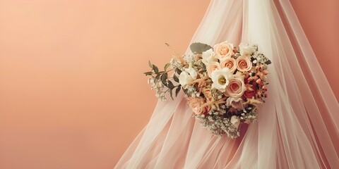 Wall Mural - Wedding dress with bridal bouquet on neutral pink and orange background. Concept Wedding Dress, Bridal Bouquet, Neutral Background, Pink and Orange, Photoshoot