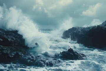 Poster - A dramatic seascape with large waves crashing against rocky shores. Perfect for surf schools and adventure tourism companies. Generative AI