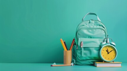 Wall Mural - Backpack with alarm clock and school supplies on green background. Back to school concept.