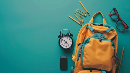 Wall Mural - Backpack with alarm clock and school supplies on green background. Back to school concept.