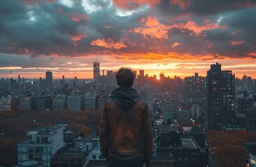 A man stands on a rooftop, facing towards a city skyline during a stunning sunset with dramatic clouds overhead, capturing a contemplative and introspective moment in an urban scene.