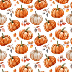 Wall Mural - Seamless watercolor pumpkins pattern on transparent background