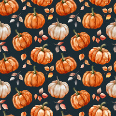 Wall Mural - Seamless pattern watercolor pumpkin on dark background