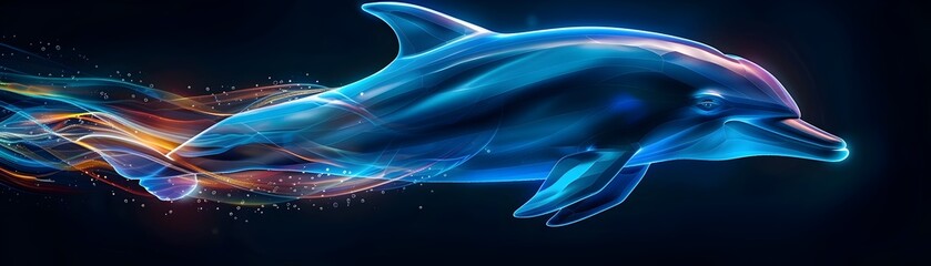 Wall Mural - Neon Dolphin Leaping in Vibrant Teal and Blue Shades Against Dark Background
