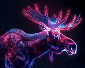 Wall Mural - Neon Moose with Luminous Antlers on Dark Background   Surreal Wildlife Concept