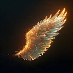 Sticker - Glowing Angelic Wing with Radiant Feathers on Serene Black Background