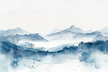 A clean, white background adorned with a minimalist watercolor illustration of a mountain landscape in pastel blue and gray.