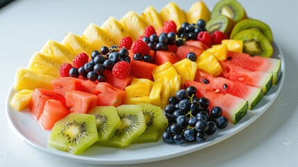 A colorful fruit platter with slices of watermelon, pineapple, kiwi, and berries arranged in an appealing pattern on a white plate