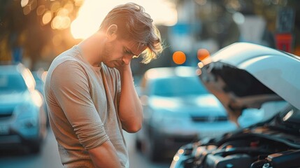 A man expresses frustration as he examines his car's engine on an urban street during sunset, surrounded by cars and cityscape, seeking a solution to his car trouble.