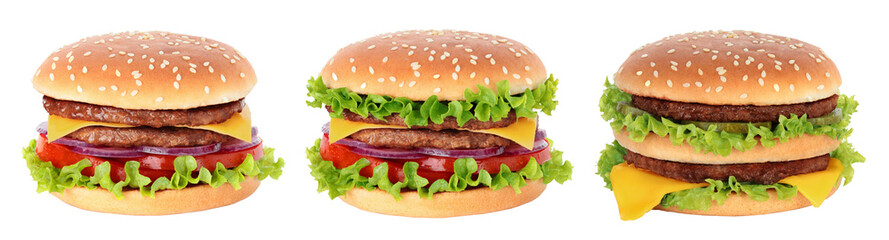 Poster - Set of Big Hamburgers with Two Beef Cutlets, isolated on transparent background, fast food concept