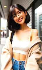 Wall Mural - beautiful Japanese girl, beautiful smile, with black hair short to the ears, wearing a glasses. 31