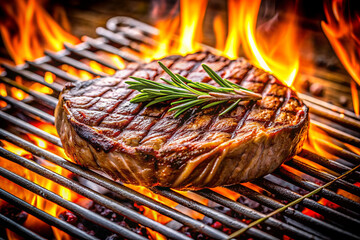 Wall Mural - Juicy grilled beef steak a on outdoor grill with fire. Selective focus